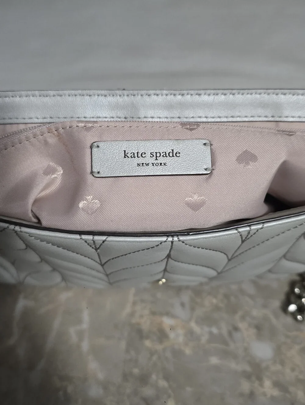 Kate Spade Briar Lane Emelyn Pearl Silver Quilted Leather Chain Crossbody